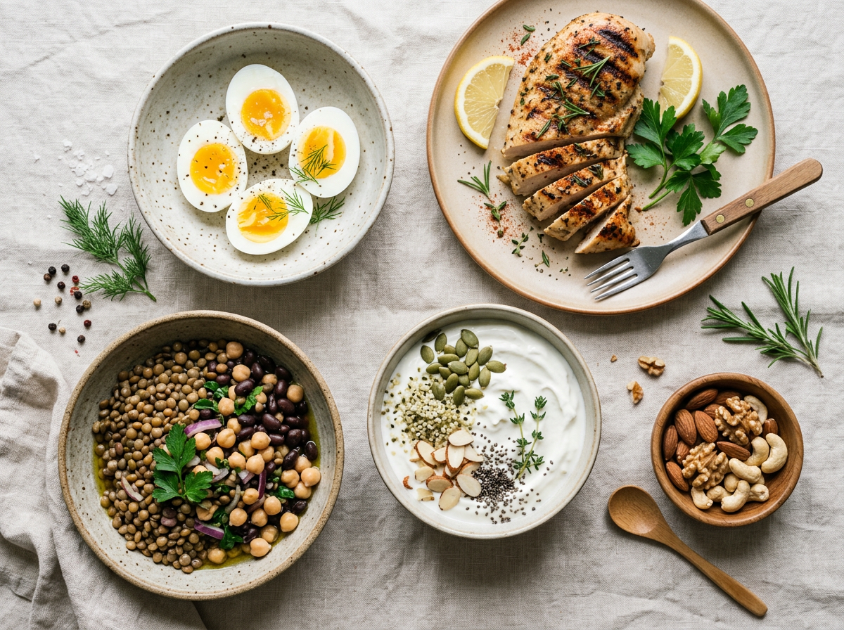 Protein açısından zengin besinler: yumurta, tavuk, baklagil