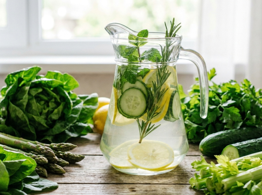 Detoks suyu, taze salatalık ve limon ile hafiflik konsepti