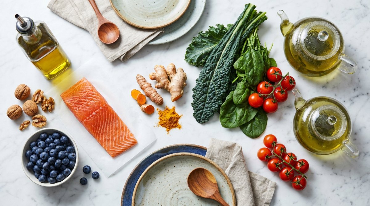 Anti-inflamatuar besinler: zeytinyağı, somon, ceviz, zerdeçal, zencefil, yaban mersini ve yeşil yapraklılar
