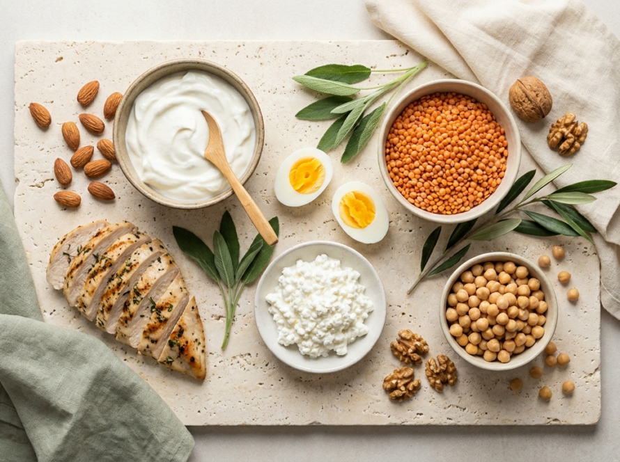 Yumurta, yoğurt, tavuk, mercimek ve kuruyemiş gibi kaliteli protein kaynakları