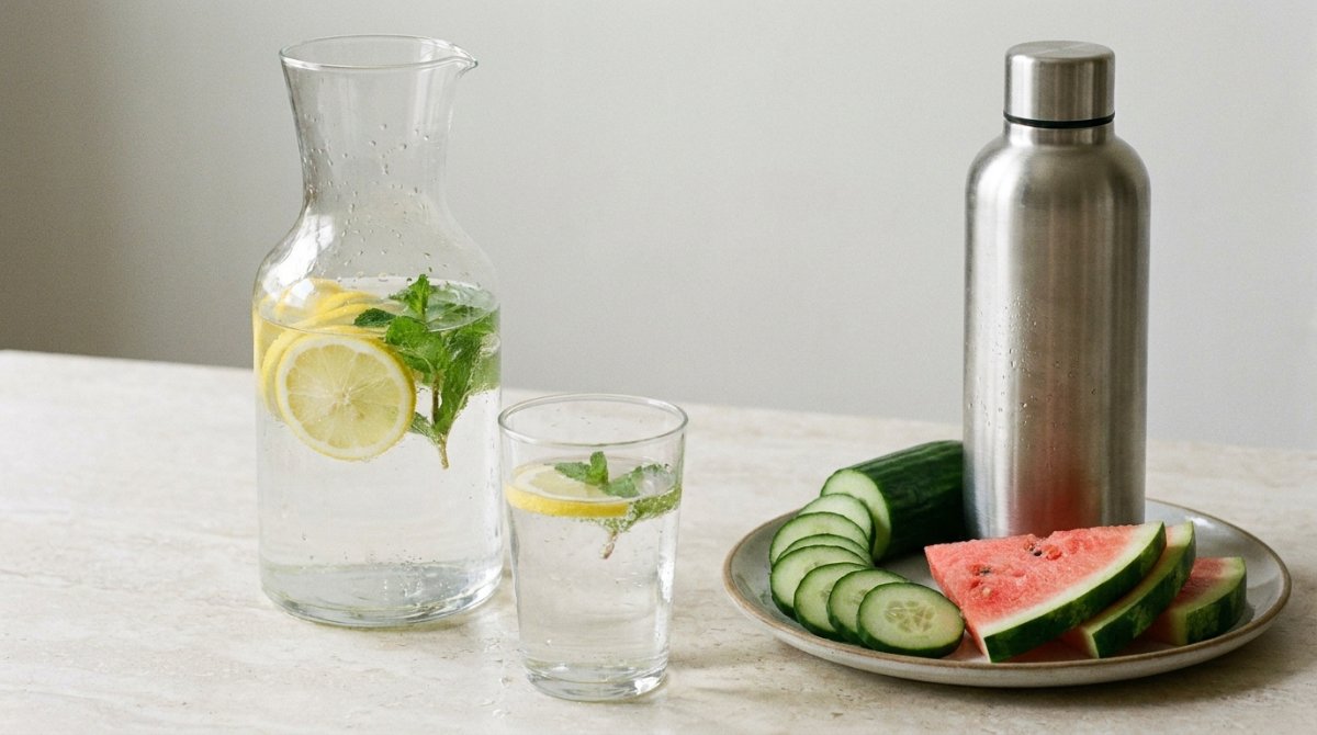 Limon ve naneli su sürahisi, dolu bir bardak, çelik matara, salatalık ve karpuz dilimleri