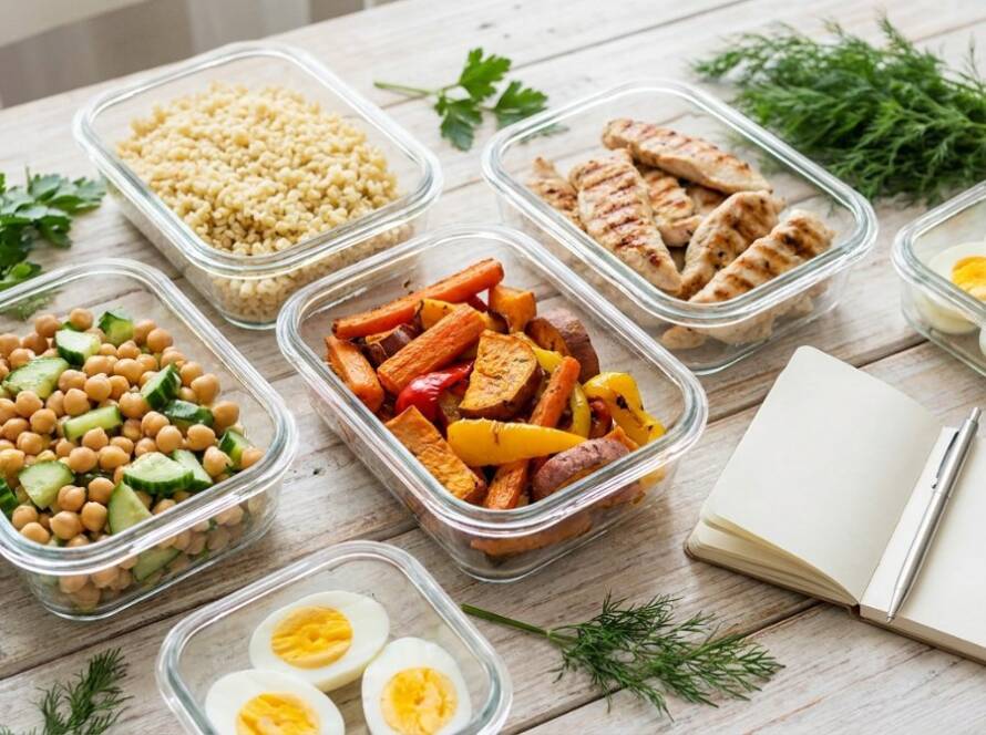 Cam saklama kaplarında bulgur, ızgara tavuk, fırın sebze, nohut salatası ve haşlanmış yumurta