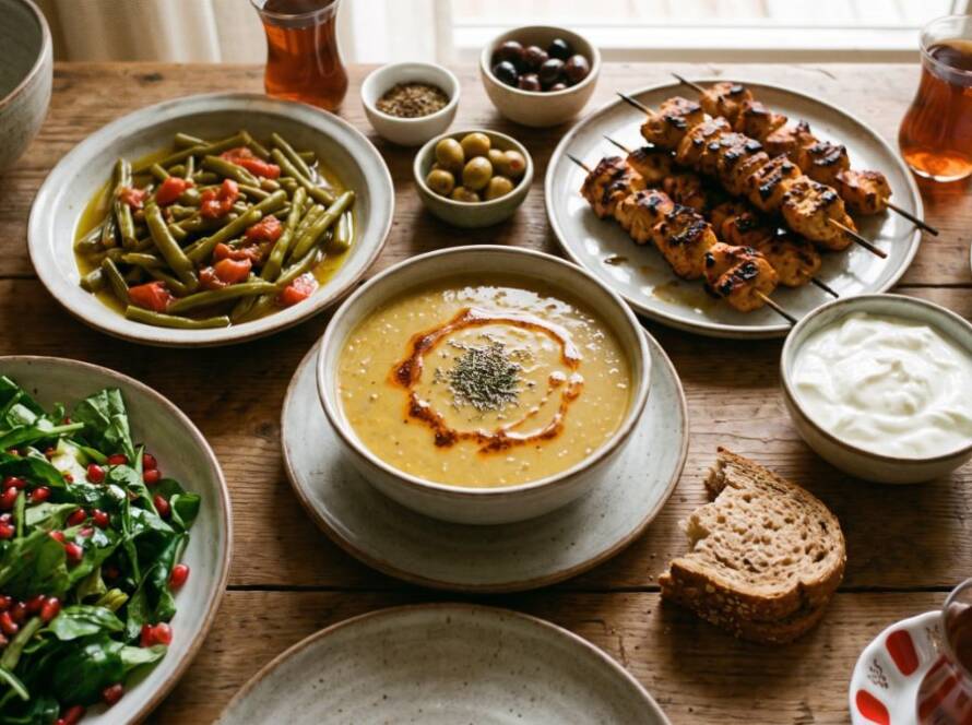 Dengeli akşam yemeği sofrası: mercimek çorbası, zeytinyağlı taze fasulye, ızgara tavuk, yoğurt, yeşil salata ve tam tahıllı ekmek