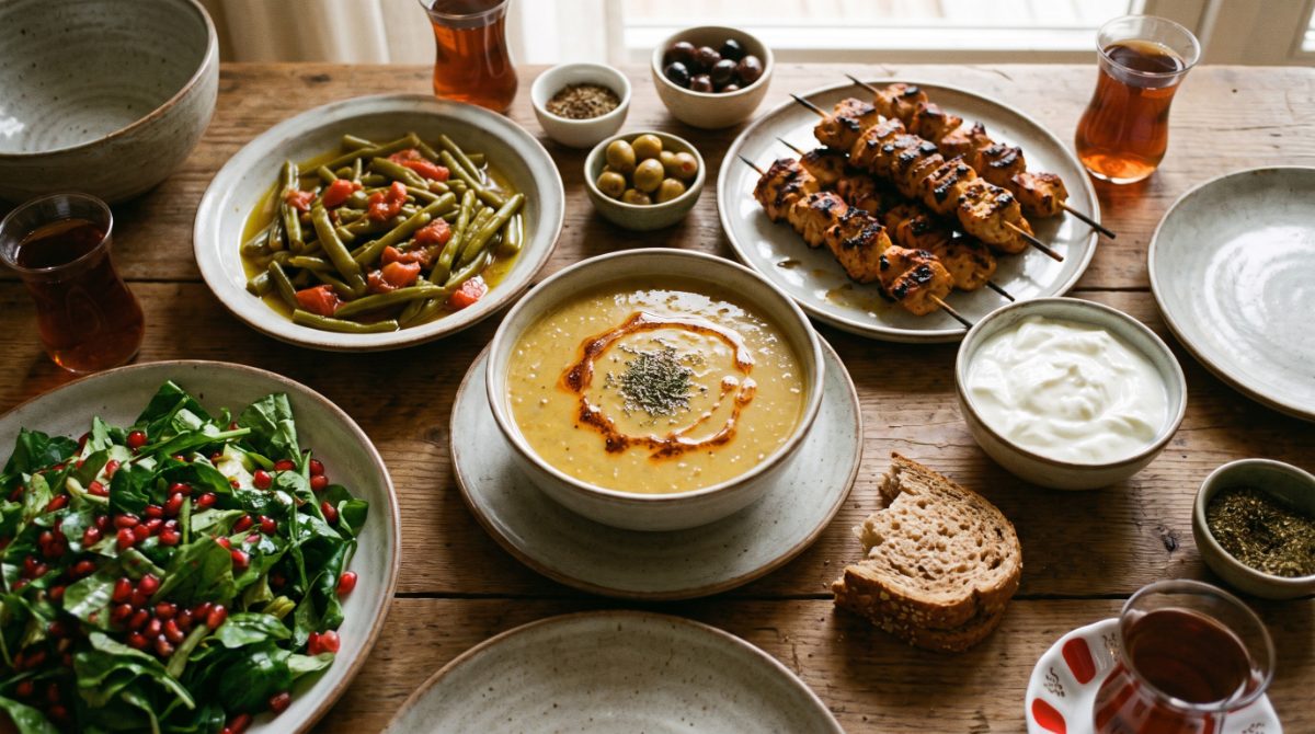 Dengeli akşam yemeği sofrası: mercimek çorbası, zeytinyağlı taze fasulye, ızgara tavuk, yoğurt, yeşil salata ve tam tahıllı ekmek