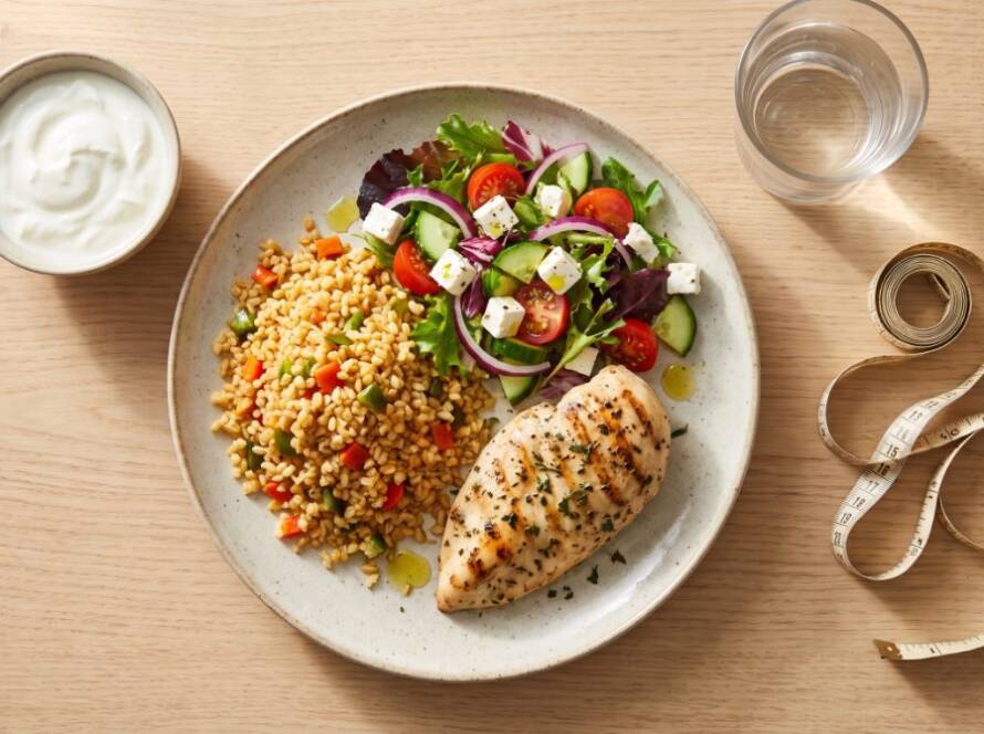 Dengeli bir tabak: ızgara tavuk, bulgur pilavı, zeytinyağlı salata, yoğurt ve yanında mezura