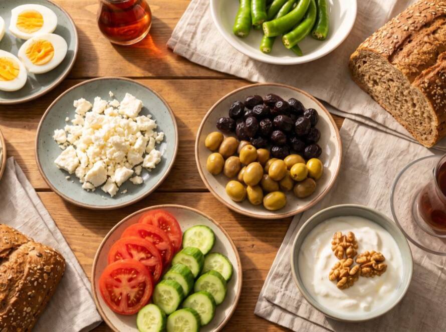 Sağlıklı kahvaltı sofrası: haşlanmış yumurta, beyaz peynir, zeytin, domates, salatalık, biber, tam tahıllı ekmek, cevizli yoğurt ve çay