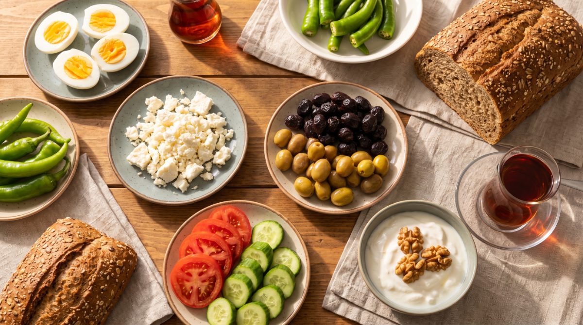 Sağlıklı kahvaltı sofrası: haşlanmış yumurta, beyaz peynir, zeytin, domates, salatalık, biber, tam tahıllı ekmek, cevizli yoğurt ve çay